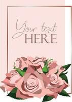 Flat style background template with pink roses bunch on pink background with rose gold frame vector