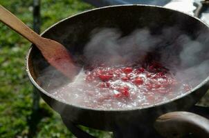 Cooking in the yard during difficult times. A frying pan in which dressing for borscht is prepared on the stove in the yard.. photo