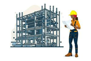 Woman builder reading a plan on construction site isolated on white background. Vector illustration