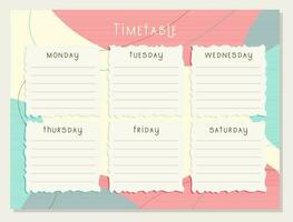 Back to school Timetable. Classroom timetable boho style. Plan note education. Planner, table class, template. Organizer paper weekly. vector