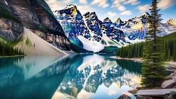 Amazing still reflections at Lake surrounded by mountains created with photo