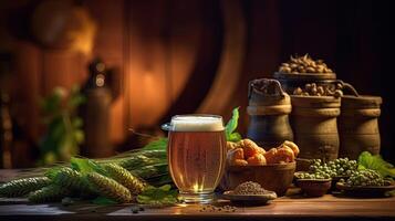 Glass of beer on wooden rustic table with hop cones created with photo