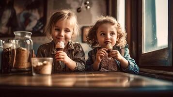 dos pequeño muchachas comiendo hielo cremas en un cafetería, ai generado foto