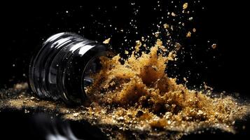 Gold Glitter Dust Scattered on Black Background photo