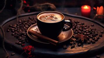 Steaming Coffee Cup with Fragrant Cinnamon and Coffee Beans. Created with photo