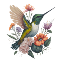 vattenfärg kolibri ClipArt, vattenfärg fågel kolibri blommig hand dragen illustration, vilda djur och växter färgrik transparent konst ai generativ png