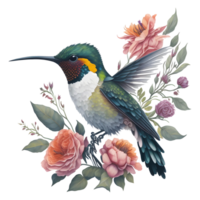 waterverf kolibrie clip art, waterverf vogel kolibrie bloemen hand- getrokken illustratie, dieren in het wild kleurrijk transparant kunst ai generatief png