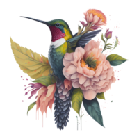 acquerello colibrì clipart, acquerello uccello colibrì floreale mano disegnato illustrazione, natura colorato trasparente arte ai generativo png