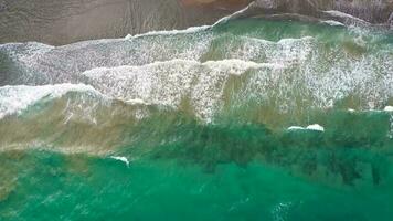 aéreo Visão do a Mediterrâneo costa, ondas alcance a deserta arenoso de praia video