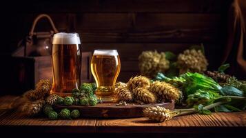 Glass of beer on wooden rustic table with hop cones created with photo