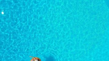 Aerial view of a woman in yellow swimsuit lying on a donut in the pool video