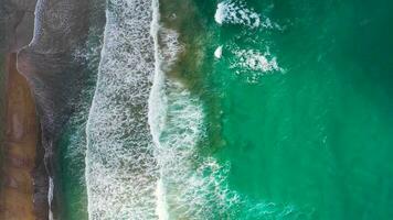 aérien vue de le méditerranéen côte, vagues atteindre le déserté sablonneux plage video