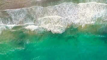 aéreo ver de el Mediterráneo costa, olas alcanzar el abandonado arenoso playa video
