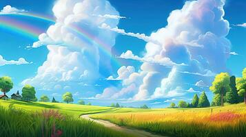 Beautiful landscape with green grass field and lone tree in the background amazing rainbow. Created with photo