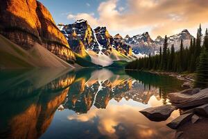 increíble todavía reflexiones a lago rodeado por montañas creado con generativo ai foto