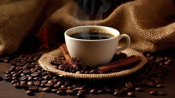 Steaming Coffee Cup with Fragrant Cinnamon and Coffee Beans. Created with photo