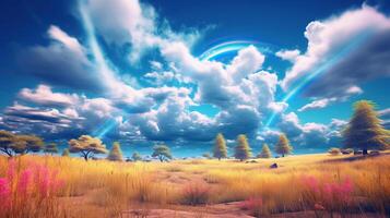 Beautiful landscape with green grass field and lone tree in the background amazing rainbow. Created with photo
