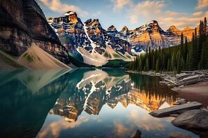 increíble todavía reflexiones a lago rodeado por montañas creado con generativo ai foto