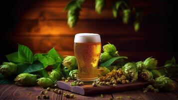 Glass of beer on wooden rustic table with hop cones created with photo