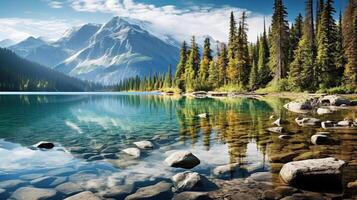 Amazing still reflections at Lake surrounded by mountains created with photo