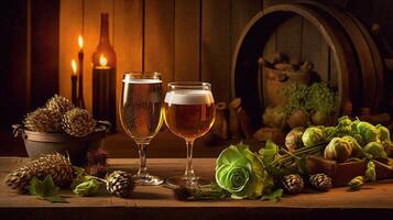 Glass of beer on wooden rustic table with hop cones created with photo