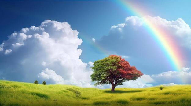 Beautiful landscape with green grass field and lone tree in the background amazing rainbow. Created with photo