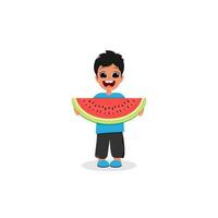A boy eats a watermelon. vector