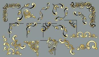 Vector set of vintage baroque corners and dividers.Border,angle,swirl,antique  acanthus,damask scroll ornament swirl.Victorian monogram heraldic shield swirl.Retro floral leaf pattern border foliage