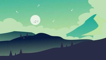 Vector cartoon silhouette of a mountain landscape with moon on the horizon with birds