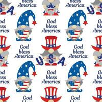 Patriotic gnomes by July 4th seamless vector pattern. Independence Day. Cute elf with a beard holding a garland, heart and star with USA flag. God bless America. Cartoon flat background for print, web