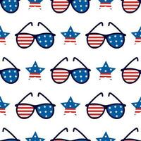 Sunglasses with American flag seamless vector pattern. Glasses and stars for July 4th, USA Independence Day. Patriotic symbol of liberty. Flat cartoon background for summer posters, print, web