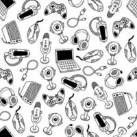 Modern gadgets seamless vector pattern. Laptop, VR headset, joystick, headphones, microphone, webcam. Device for streaming, blogging, podcast, video games. Black and white background for prints, web