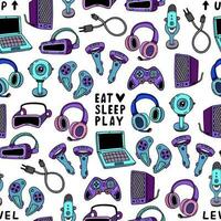 Modern gadgets seamless vector pattern. VR headset, laptop, move controller, joystick, headphones, mic. Devices for stream, video games, podcast. Eat sleep play, level up. Background for print, web