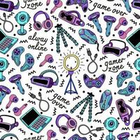 Modern gadgets seamless vector pattern. VR headset, webcam, laptop, joystick, headphones, ring lamp, tripod. Devices for stream, video games, podcast. Cartoon bright doodle. Background for print, web