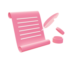 3d illustration icon of pink writing list letter with feather for UI UX web mobile app social media ads png