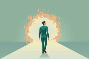 Businessman walking into fire hole. Business Vector Illustration