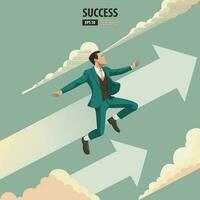 Business arrow concept with businessman with suit looking up into the sky and cloud. grow chart increase profit sales and investment. contemplating about being success and positive vector. vector