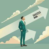 Business arrow concept with businessman with suit looking up into the sky and cloud. grow chart increase profit sales and investment. contemplating about being success and positive vector. vector