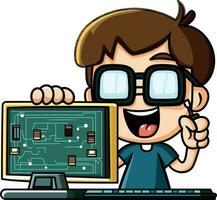 computer geek cartoon vector illustration, happy computer engineer or hardware technician assembling or fixing a computer with a screwdriver vector image, colored and black and white