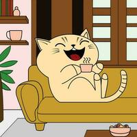 Happy cat sitting on couch drinking tea illustration vector image