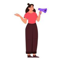 Woman with loudspeaker. Flat vector illustration isolated on white background