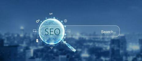 Search engine optimization SEO concept on dark blue background. Internet technology for business companies. Large magnifying glass for monitoring and analyzing data. photo