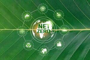 Net Zero and Carbon Neutral Concepts Net Zero Emissions Goals With a connected icon concept related to Net Zero with hexagon grid. photo