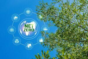 Net Zero and Carbon Neutral Concepts Net Zero Emissions Goals With a connected icon concept related to Net Zero with hexagon grid. photo