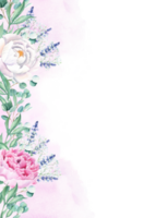 floral fundo cartão. Casamento convite modelo com branco e Rosa peônias, lavanda, gypsophila, e eucalipto, roxa aguarela salpicos. para Salve  a data, cumprimento cartões, poster png