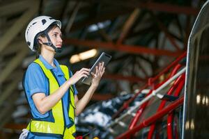 Women in factory engineer working using tablet computer photo