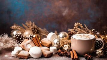 Christmas or New Year composition with cocoa, marshmallows, gingerbread. Illustration photo