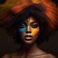 retrato de joven afro mujer con brillante maquillaje ilustración ai generativo foto