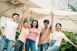 Group Asian people picnic outside photo