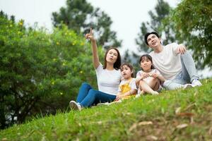 joven asiático familia en el parque foto